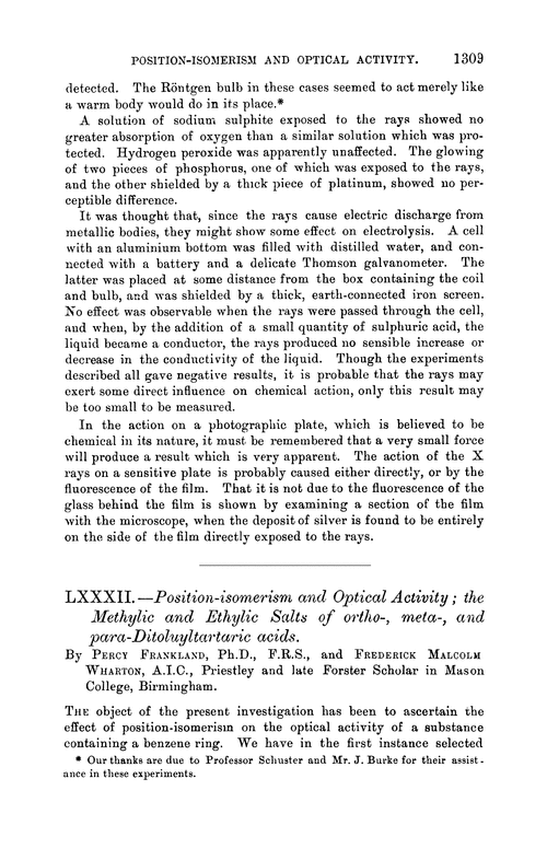 LXXXII.—Position-isomerism and optical activity; the methylic and ethylic salts of ortho-, meta-, and para-ditoluyltartaric acids