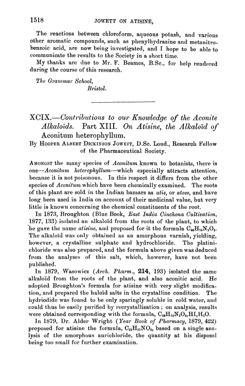 XCIX.—Contributions to our knowledge of the aconite alkaloïds. Part XIII. On atisine, the alkaloïd of Aconitum heterophyllum