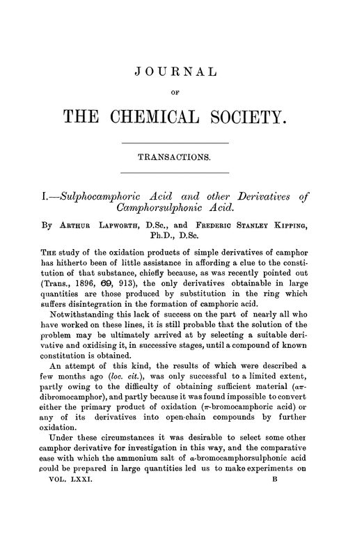 I.—Sulphocamphoric acid and other derivatives of camphorsulphonic acid
