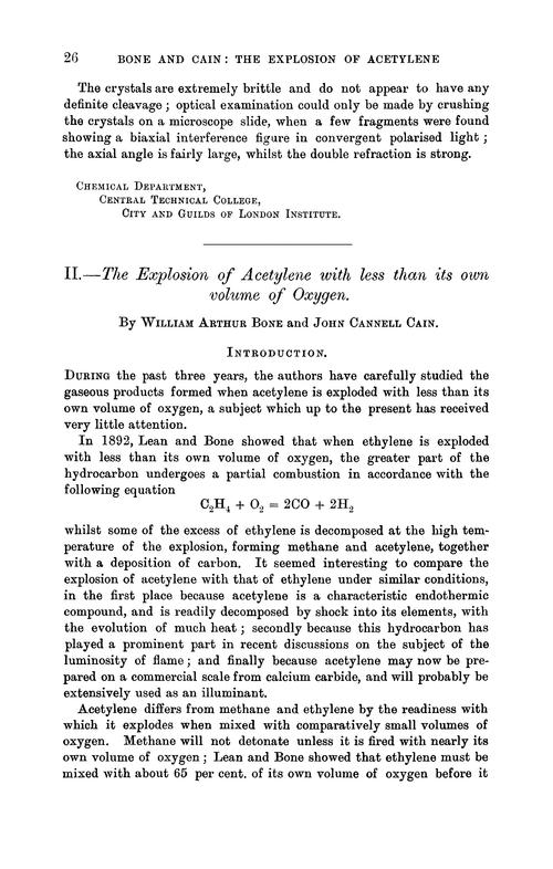 II.—The explosion of acetylene with less than its own volume of oxygen