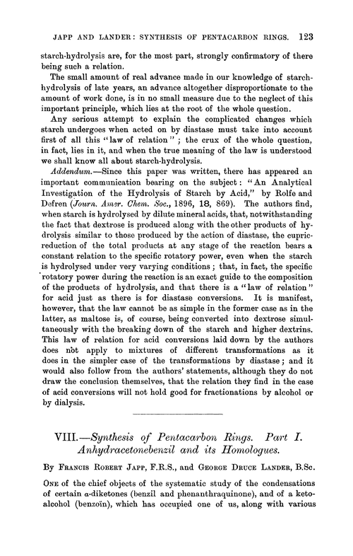 VIII.—Synthesis of pentacarbon rings. Part I. Anhydracetonebenzil and its homologues