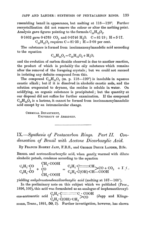 IX.—Synthesis of pentacarbon rings. Part II. Condensation of benzil with acetone dicarboxylic acid