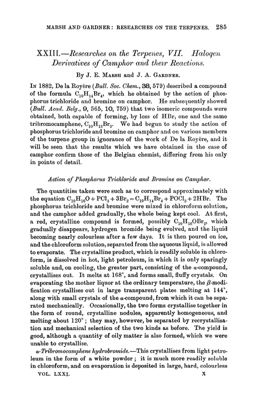 XXIII.—Researches on the terpenes, VII. Halogen derivatives of camphor and their reactions