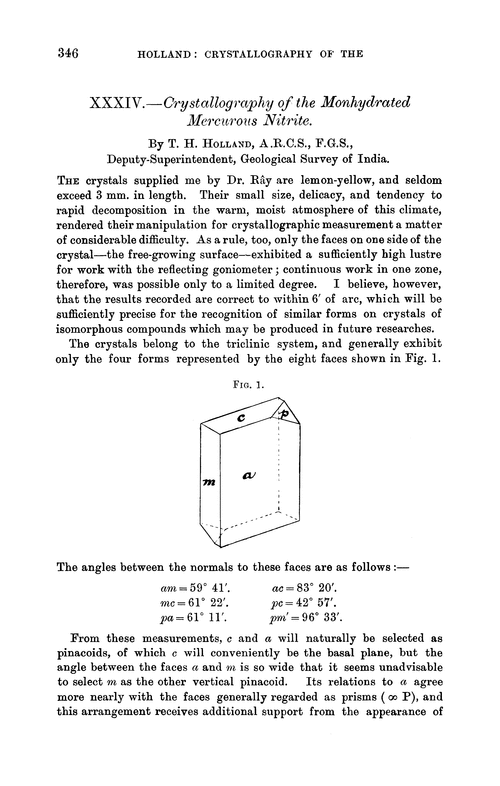 XXXIV.—Crystallography of the monhydrated mercurous nitrite