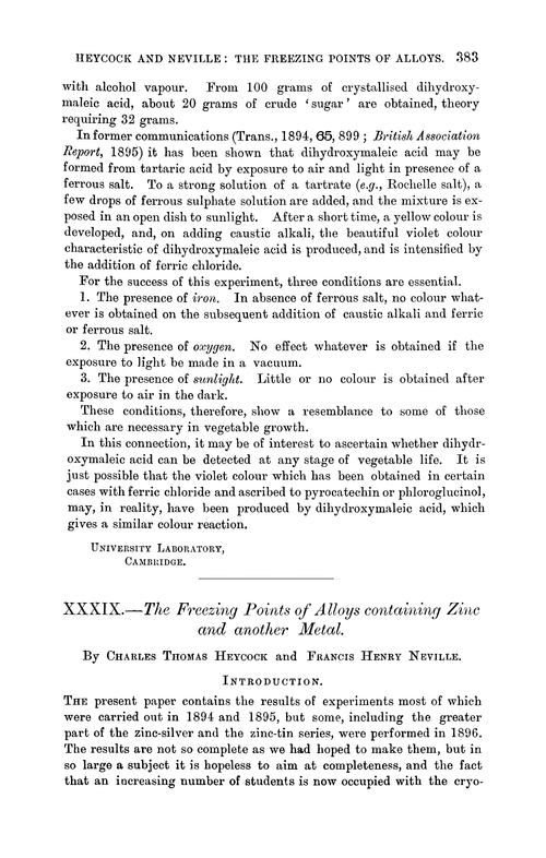 XXXIX.—The freezing points of alloys containing zinc and another metal