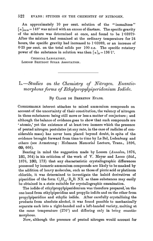 L.—Studies on the chemistry of nitrogen. Enantiomorphous forms of ethylpropylpiperidonium iodide