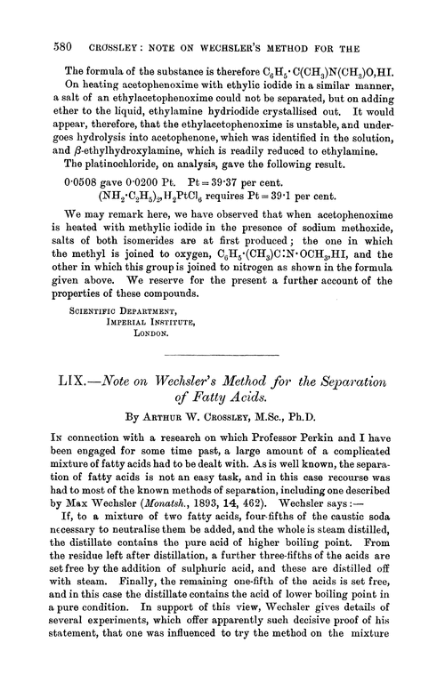 LIX.—Note on Wechsler's method for the separation of fatty acids