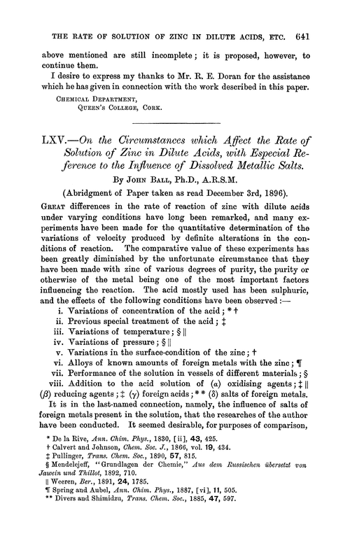 LXV.—On the circumstances which affect the rate of solution of zinc in dilute acids, with especial reference to the influence of dissolved metallic salts