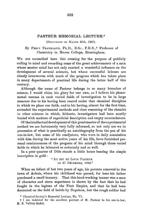 Pasteur Memorial Lecture