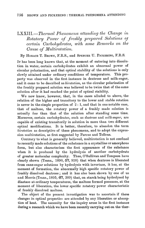 LXXIII.—Thermal phenomena attending the change in rotatory power of freshly prepared solutions of certain carbohydrates, with some remarks on the cause of multirotation