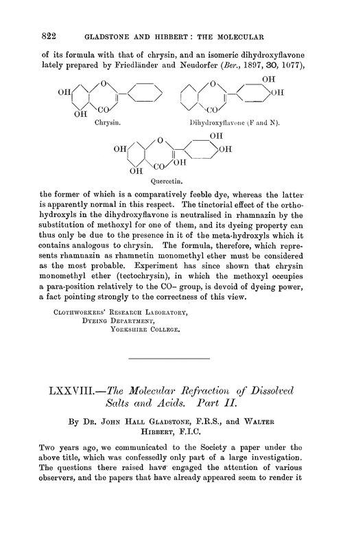 LXXVIII.—The molecular refraction of dissolved salts and acids. Part II