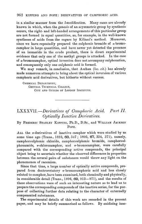 LXXXVII.—Derivatives of camphoric acid. Part II. Optically inactive derivatives