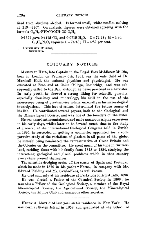 Obituary notices: Marshall Hall; Henry A. Mott; Tetsukichi Shimidzu, M.E.; William Henry Walenn; Theodore George Wormley, M.D., Ph.D., LL.D.