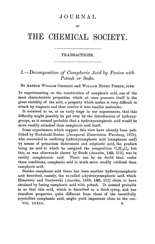 I.—Decomposition of camphoric acid by fusion with potash or soda