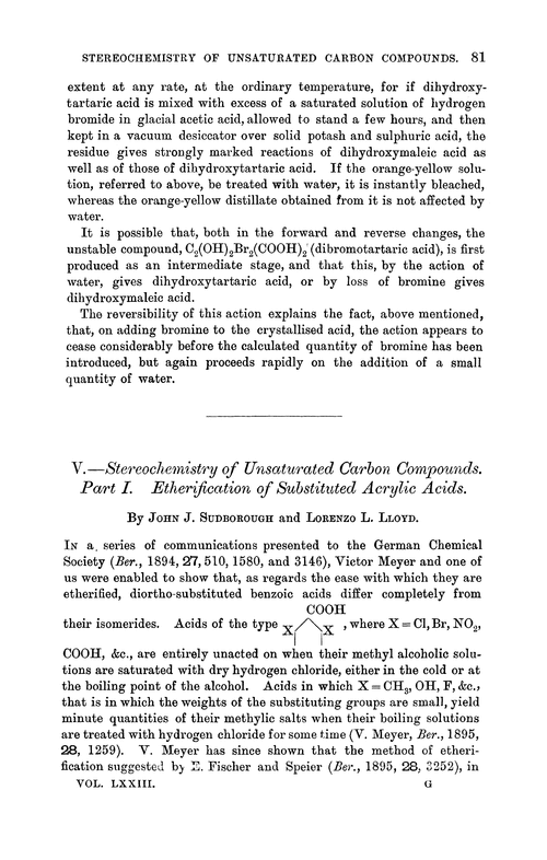 V.—Stereochemistry of unsaturated carbon compounds. Part I. Etherification of substituted acrylic acids