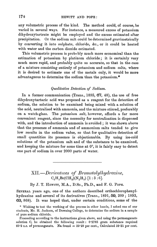 XII.—Derivatives of bromotolylhydrazine, C6H3Br(CH3)(N2H3)[1 : 3 : 6]