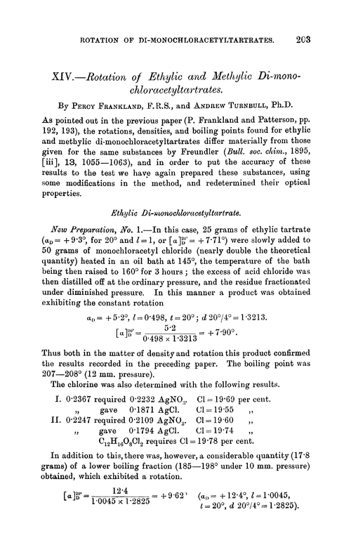 XIV.—Rotation of ethylic and methylic di-monochloracetyltartrates