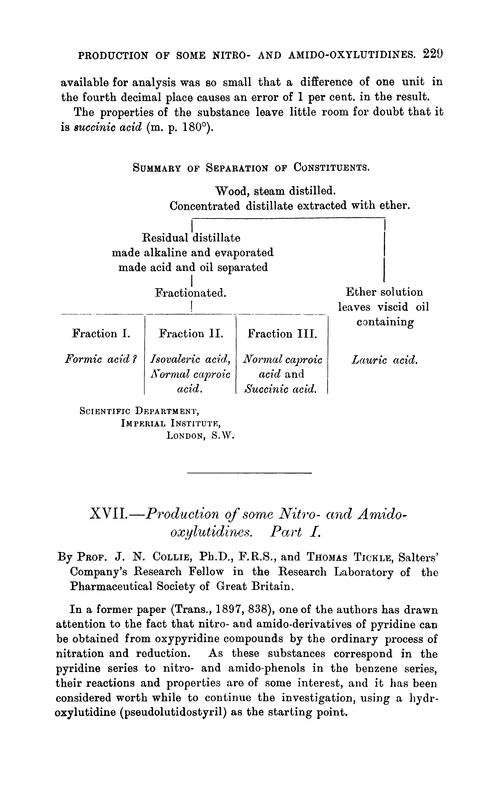 XVII.—Production of some nitro- and amido-oxylutidines. Part I