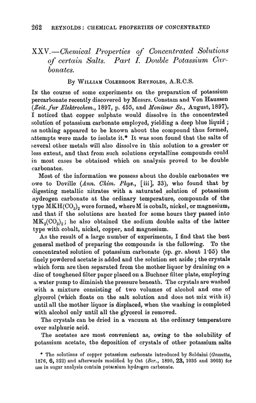 XXV.—Chemical properties of concentrated solutions of certain salts. Part I. Double potassium carbonates