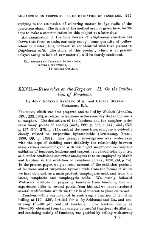 XXVII.—Researches on the terpenes. II. On the oxidation of fenchene