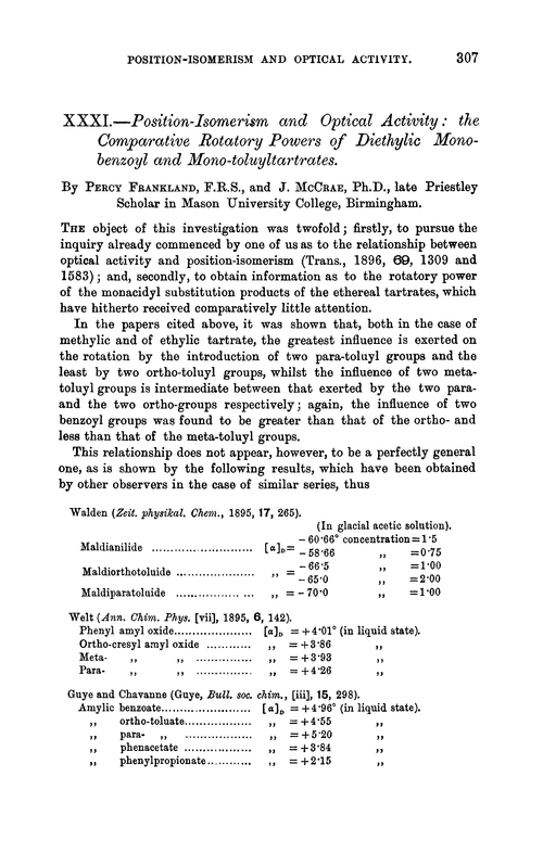 XXXI.—Position-isomerism and optical activity : the comparative rotatory powers of diethylic monobenzoyl and mono-toluyltartrates