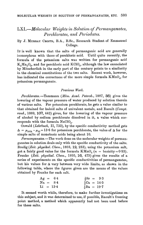 LXI.—Molecular weights in solution of permanganates, perchlorates, and periodates