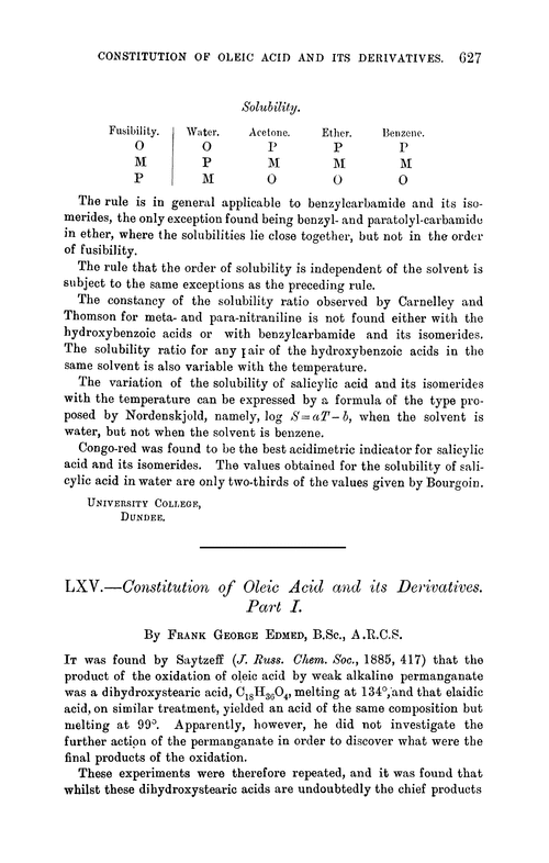 LXV.—Constitution of oleic acid and its derivatives. Part I