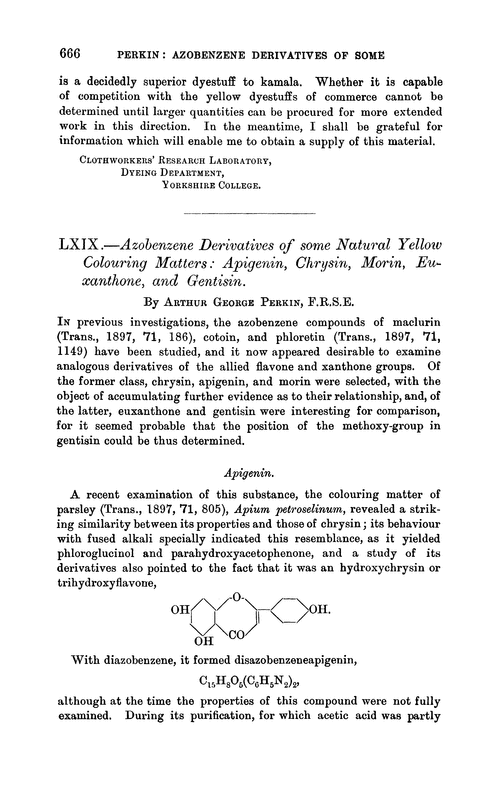 LXIX.—Azobenzene derivatives of some natural yellow colouring matters : apigenin, chrysin, morin, euxanthone, and gentisin