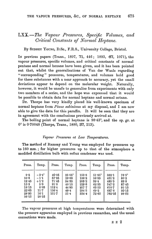 LXX.—The vapour pressures, specific volumes, and critical constants of normal heptane