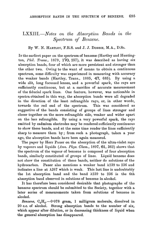 LXXIII.—Notes on the absorption bands in the spectrum of benzene