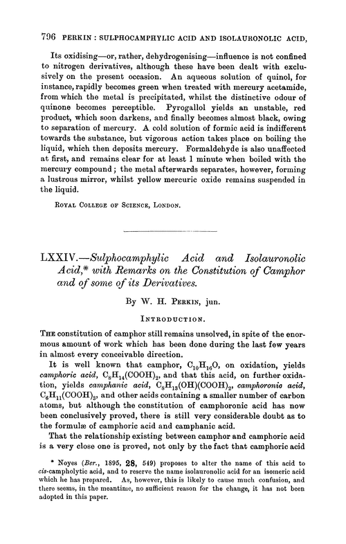 LXXIV.—Sulphocamphylic acid and isolauronolic acid, with remarks on the constitution of camphor and of some of its derivatives