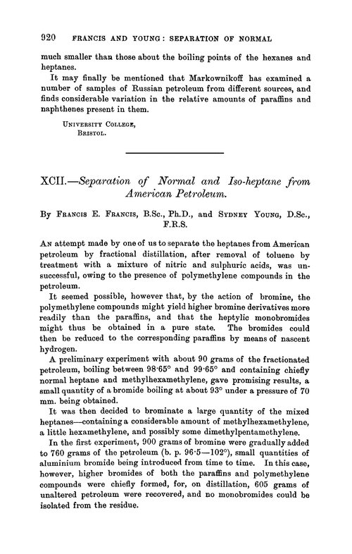 XCII.—Separation of normal and iso-heptane from American petroleum