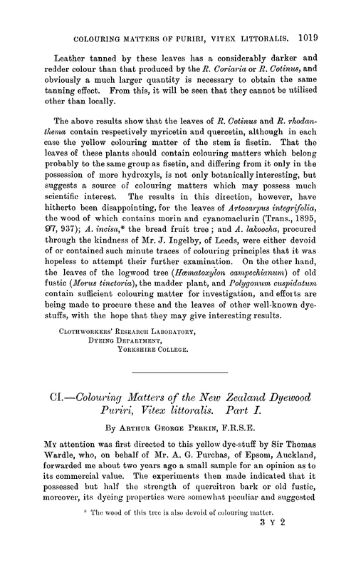 CI.—Colouring matters of the New Zealand dyewood puriri, Vitex littoralis. Part I