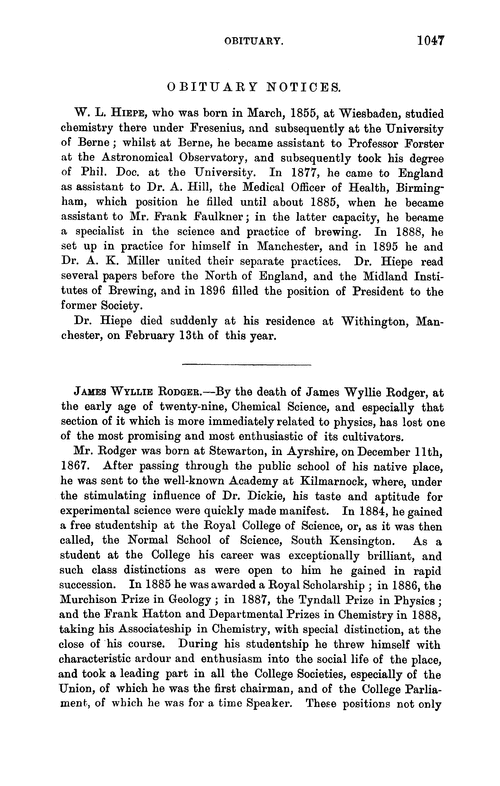 Obituary notices: W. L. Hiepe; James Wyllie Rodger