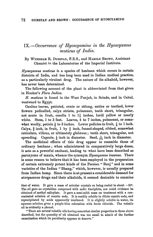 IX.—Occurrence of hyoscyamine in the hyoscyamus muticus of India