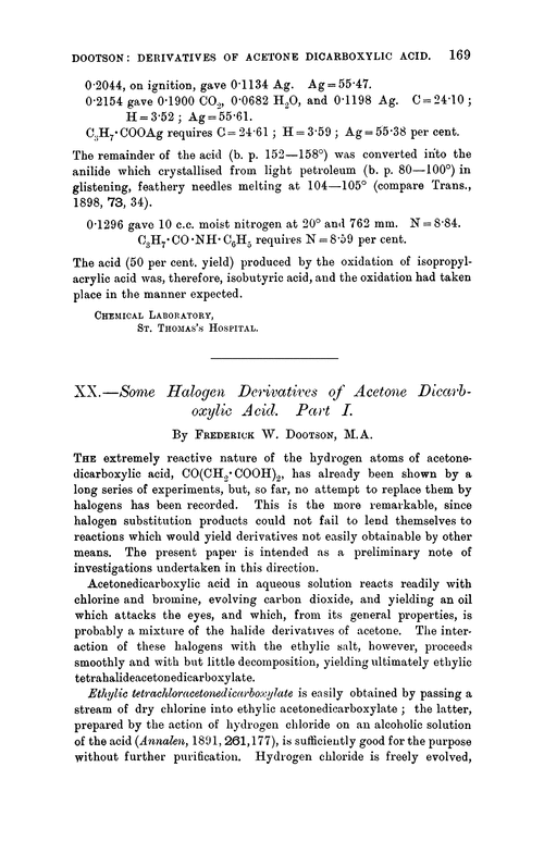 XX.—Some halogen derivatives of acetone dicarboxylic acid. Part I