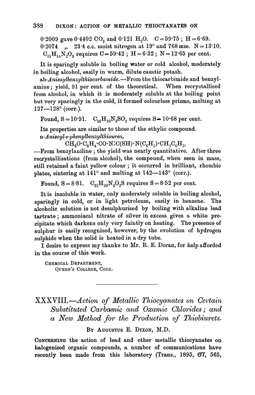 XXXVIII.—Action of metallic thiocyanates on certain substituted carbamic and oxamic chlorides; and a new method for the production of thiobiurets