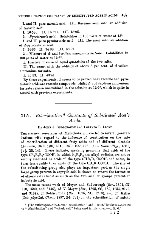 XLV.—Etherification constants of substituted acetic acids