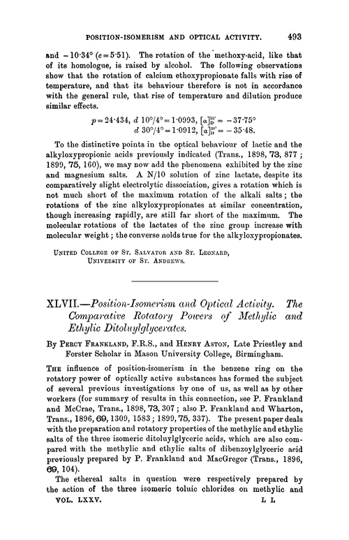 XLVII.—Position-isomerism and optical activity. The comparative rotatory powers of methylic and ethylic ditoluylglycerates
