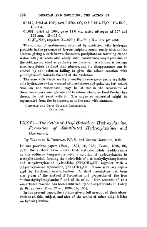 LXXVI.—The action of alkyl haloids on hydroxylamine. Formation of substituted hydroxylamines and oxamines