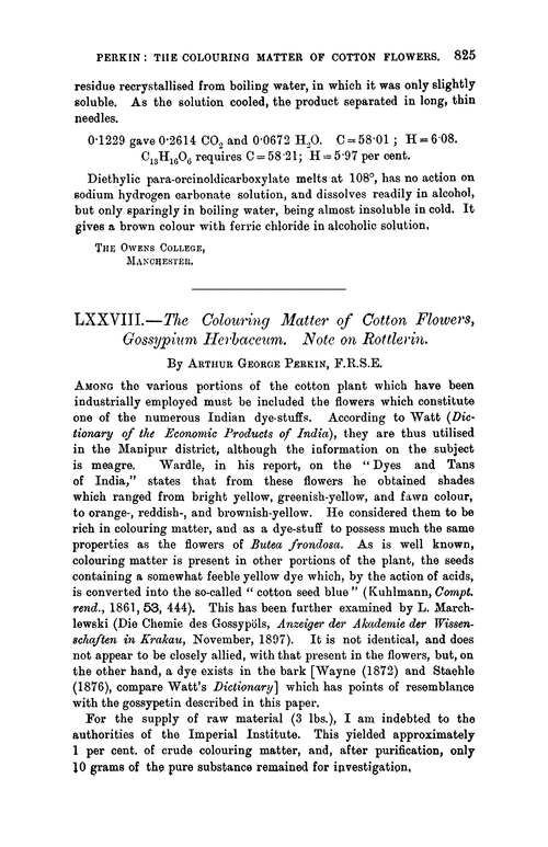 LXXVIII.—The colouring matter of cotton flowers, gossypium herbaceum. Note on rottlerin