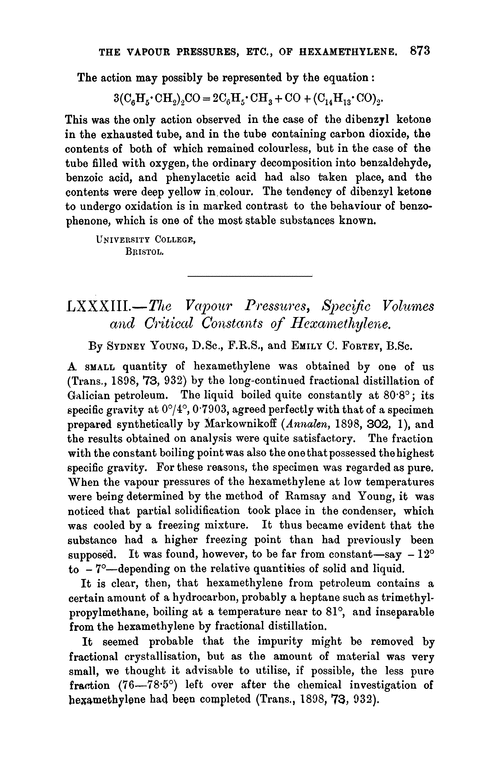 LXXXIII.—The vapour pressures, specific volumes and critical constants of hexamethylene