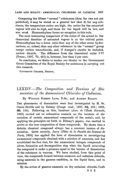 LXXXIV.—The composition and tensions of dissociation of the ammoniacal chlorides of cadmium