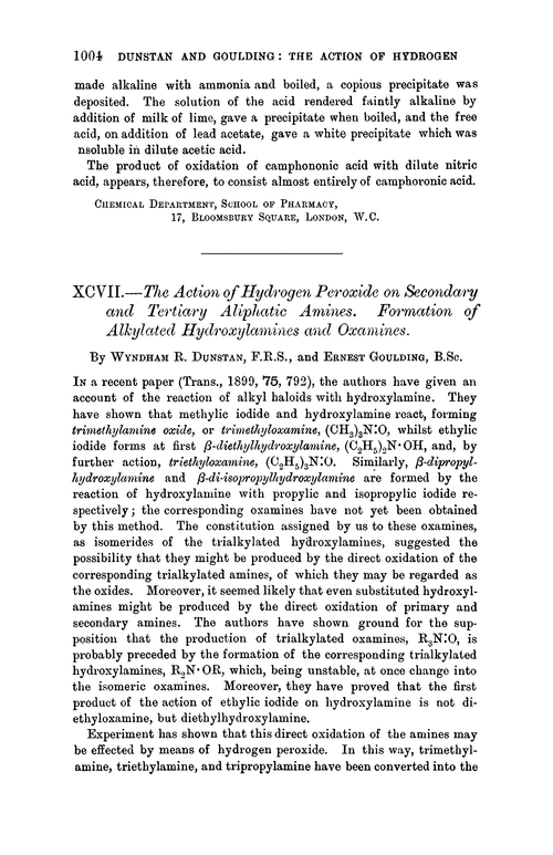 XCVII.—The action of hydrogen peroxide on secondary and tertiary aliphatic amines. Formation of alkylated hydroxylamines and oxamines