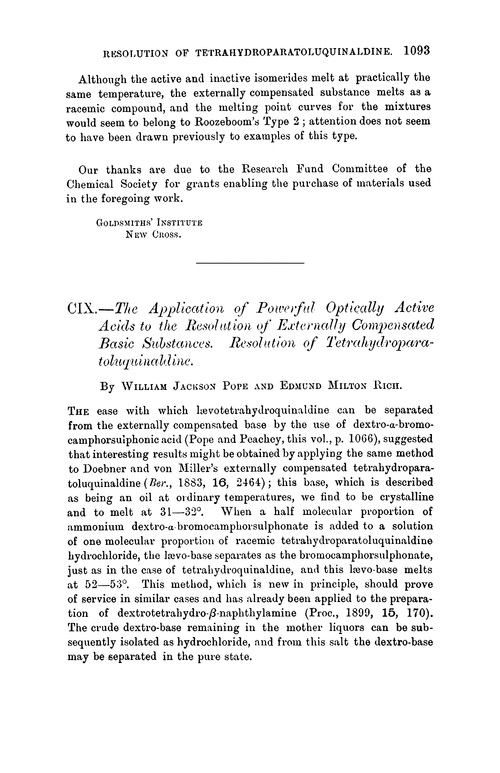 CIX.—The application of powerful optically active acids to the resolution of externally compensated basic substances. Resolution of tetrahydroparatoluquinaldine