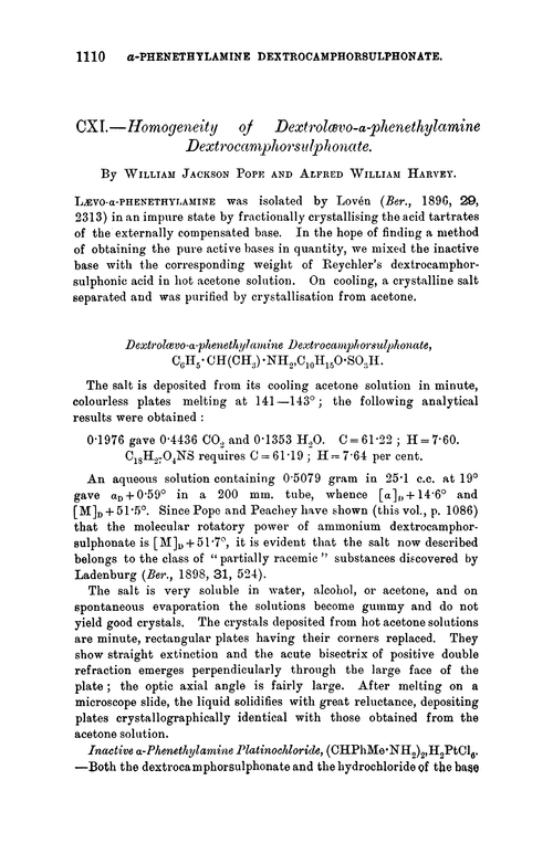CXI.—Homogeneity of dextrolævo-α-phenethylamine dextrocamphorsulphonate