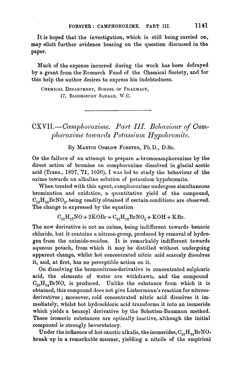 CXVII.—Camphoroxime. Part III. Behaviour of camphoroxime towards potassium hypobromite