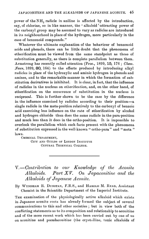 V.—Contribution to our knowledge of the aconite alkaloids. Part XV. On japaconitine and the alkaloids of Japanese aconite