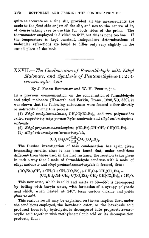 XXVII.—The condensation of formaldehyde with ethyl malonate, and synthesis of pentamethylene-1 : 2 : 4-tricarboxylic acid