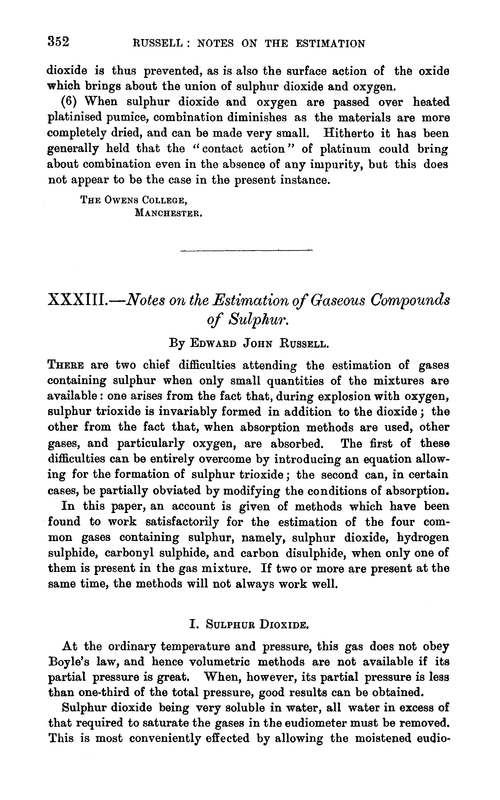 XXXIII.—Notes on the estimation of gaseous compounds of sulphur